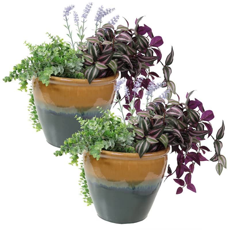 Sunnydaze Set of 2 Chalet Glazed Ceramic Planter - Forest Lake Green - 12-Inch