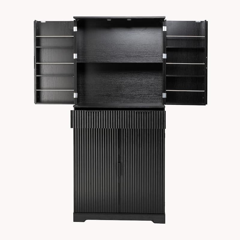 Fluted Kitchen Pantry Cabinet, Freestanding Sideboard Buffet Storage Cabinet with 3 Keyboard Drawers & 6 Door Shelves