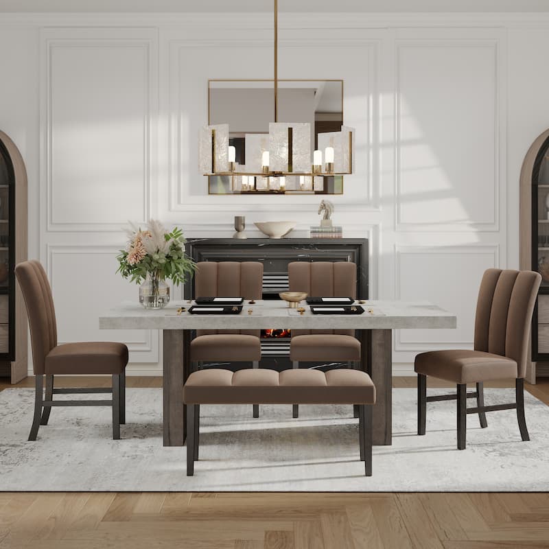 Roundhill Furniture Sorlen 6-Piece Dining Set, 3D Faux Concrete Table with 4 Chocolate Fabric Chairs and a Bench