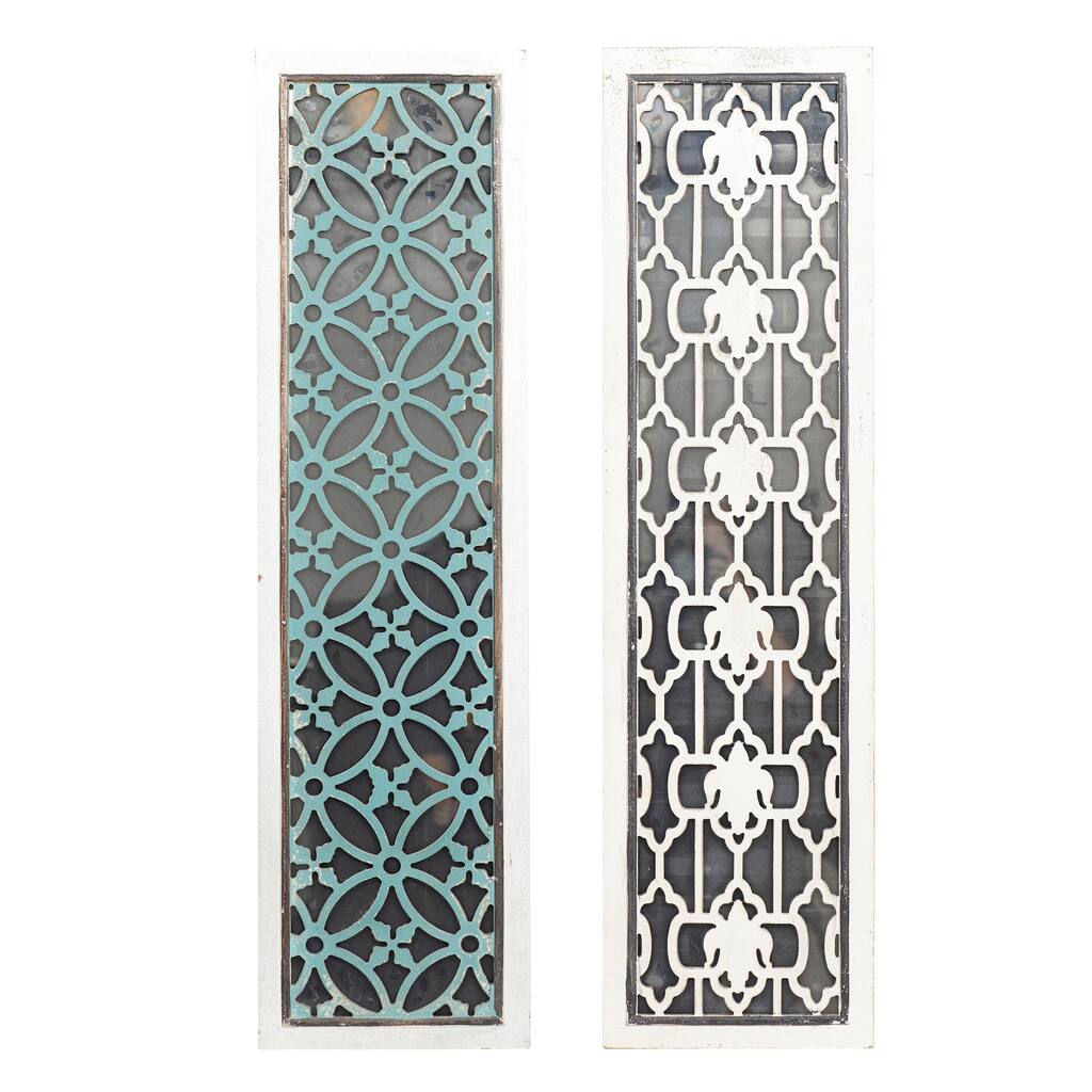 Wooden Geometric Intricately Carved Wall Decor with Mirror - Set of 2 ...