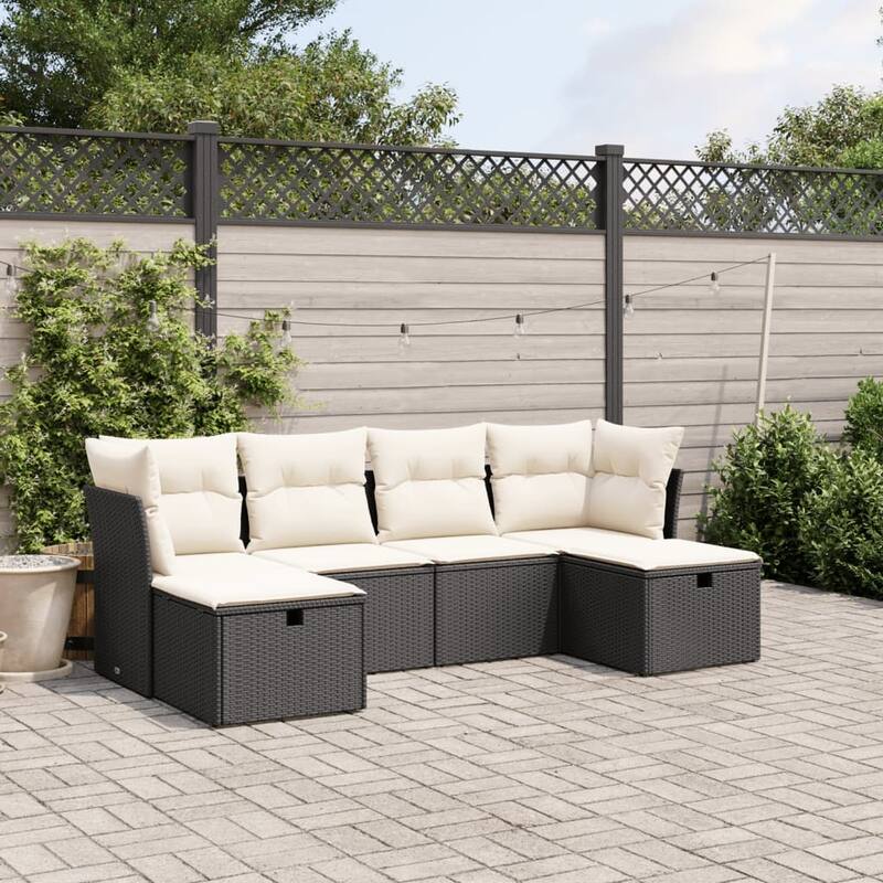 vidaXL Patio Sofa Set with Cushions Outdoor Furniture 6 Piece Poly Rattan - Black and cream without storage