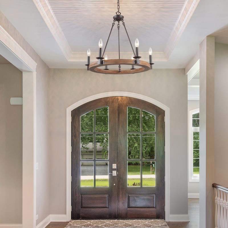 Modern Farmhouse 6-Light Wagon Wheel Chandelier Rustic Wood Kitchen Island Light for Dining Room