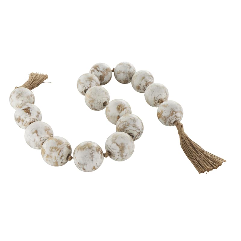 Mango Wood Handmade Round Extra Long Washed Orb Garland with Tassel - Brown, Black or White - Roche River Decor