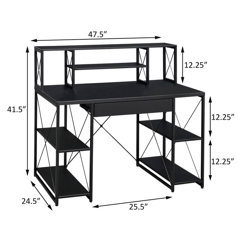 Stylish Office Desk with Hutch, 8 Open Compartments, and Drawer for Organization, Modern Writing Desk with Metal Sled Base