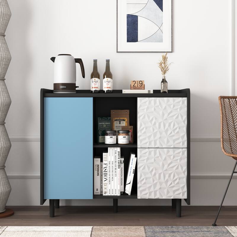 Modern Sideboard Buffet Cabinet with 2 Drawers and 2 Open Storage Compartment