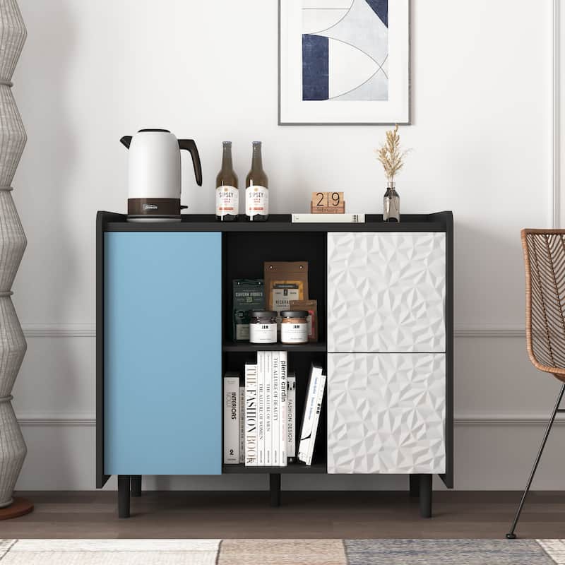 Sideboard Buffet Cabinet with 2 Drawers, Coffee Bar Cabinet with 2 Open Storage Compartment, Accent Cabinet with Metal Legs