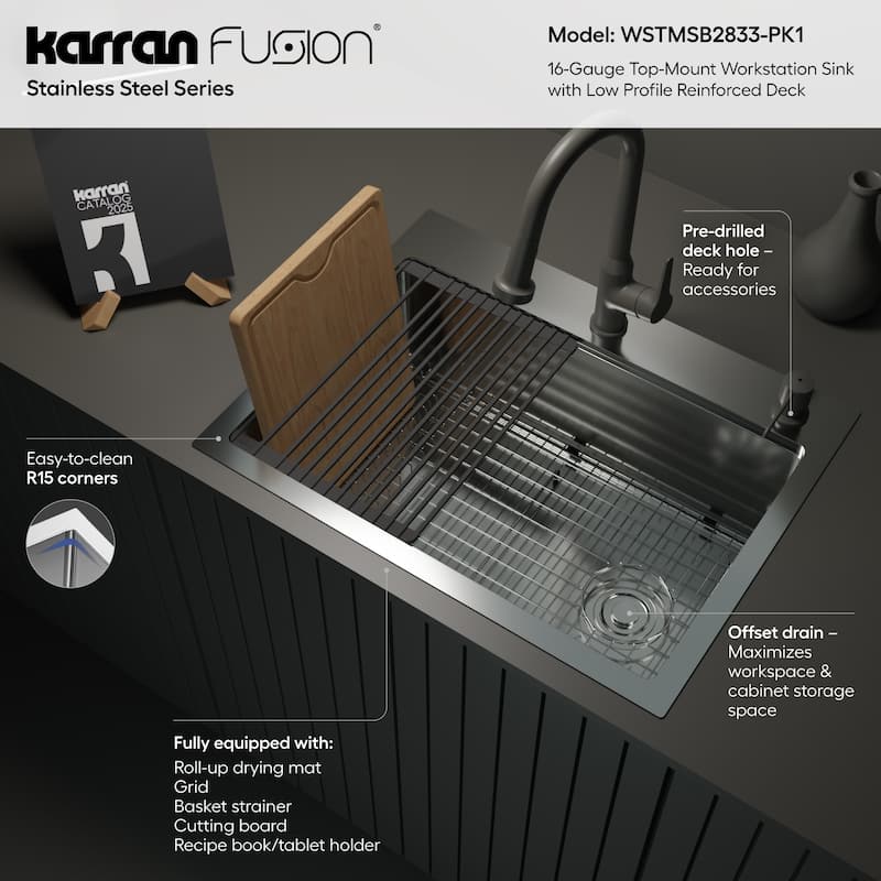 Karran USA WSTMSB2833-PK1 Fusion 28" Drop In Single Basin Stainless