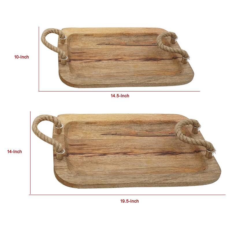 Set of 2 Mango Wood Trays, Twisted Jute Handles, Rustic Brown Texturing