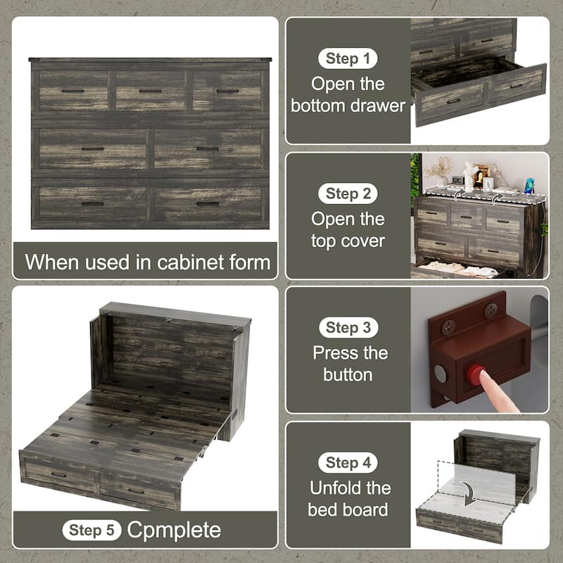 Foldable Murphy Bed Cabinet Full/Queen with USB & Type-C Ports and Storage Drawer for Guest Room