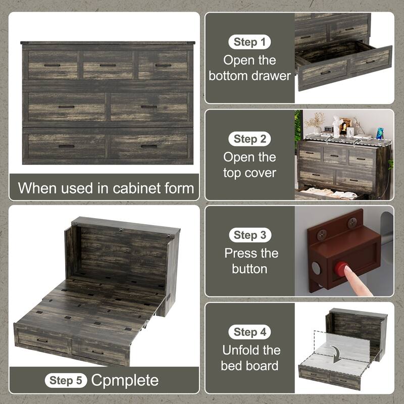 Queen/Full Size Murphy Cabinet Bed - Foldable Platform Bed with Charging Station & Large Storage Drawer