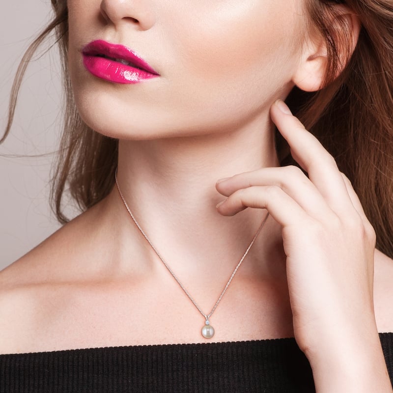 Miadora 9-9.5mm Pink Cultured Freshwater Pearl and Created White Sapphire Pendant with Singapore Chain in 14k White Gold