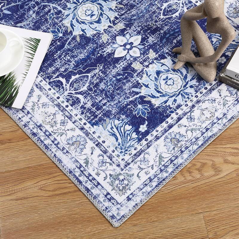 Garvee Boho Rugs Bohemian Rugs Floral Distressed Area Rug - 5' x 7' - Navy Blue