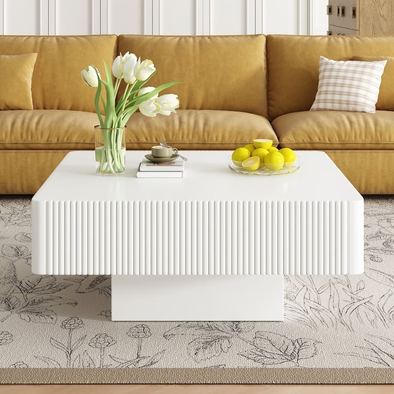 31.6" Modern Elegant Square Fluted Coffee Table with 7.1" Thick Tabletop