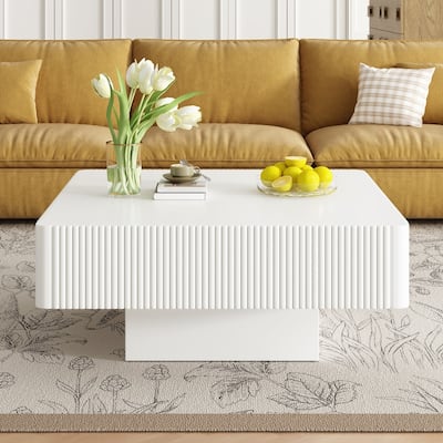 31.6" Modern Elegant Square Fluted Coffee Table with 7.1" Thick Tabletop