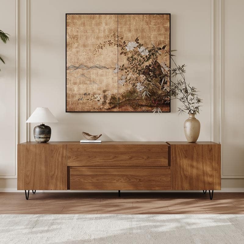 71" Walnut Finish TV Stand with Drawers & Closed Cabinets - Modern Media Console with Open Shelves