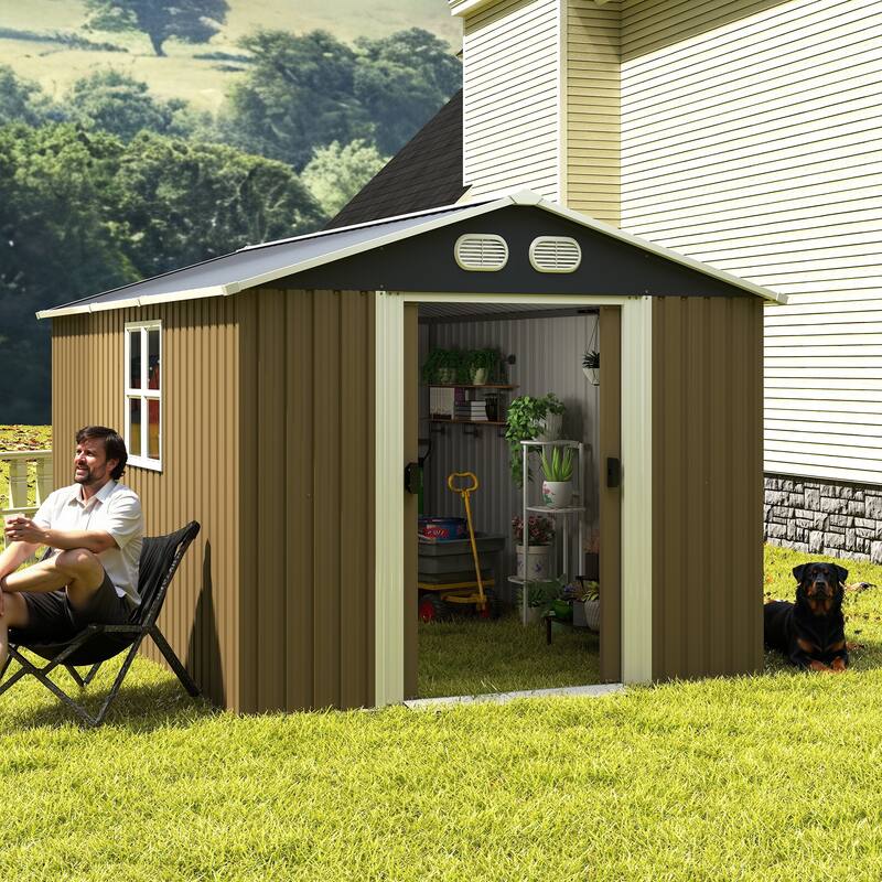 8x12 FT Outdoor Metal Storage Shed, Large Storage Sheds with Sturdy Frame Structure, Metal Garden Tool Shed with Lockable Door