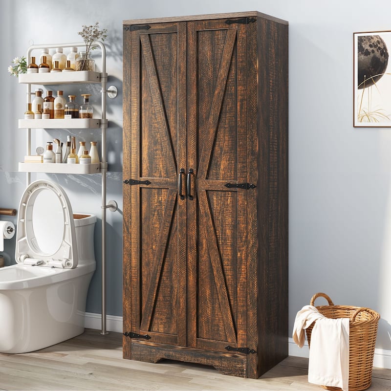 Moasis Broom Closet Storage Cabinet with Doors and Shelves for Farmhouse Organization - Brown