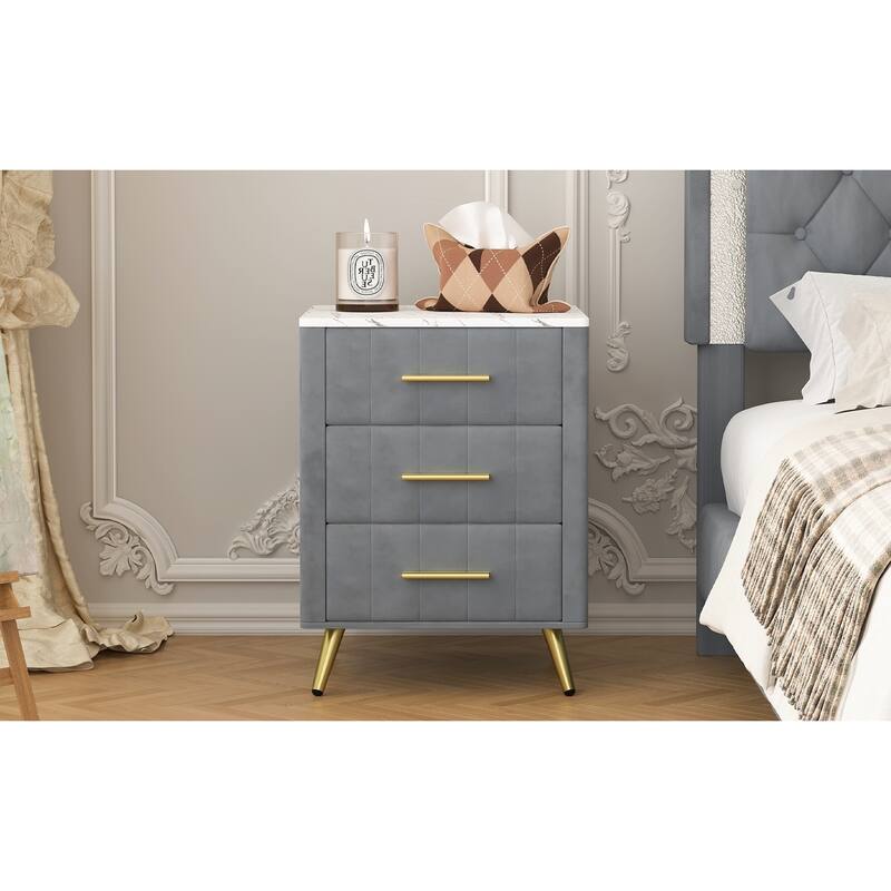 Upholstered Wooden Nightstand with 3 Drawers and Metal Legs&Handles, Bedside Table with Marbling Stickers Worktop - Grey
