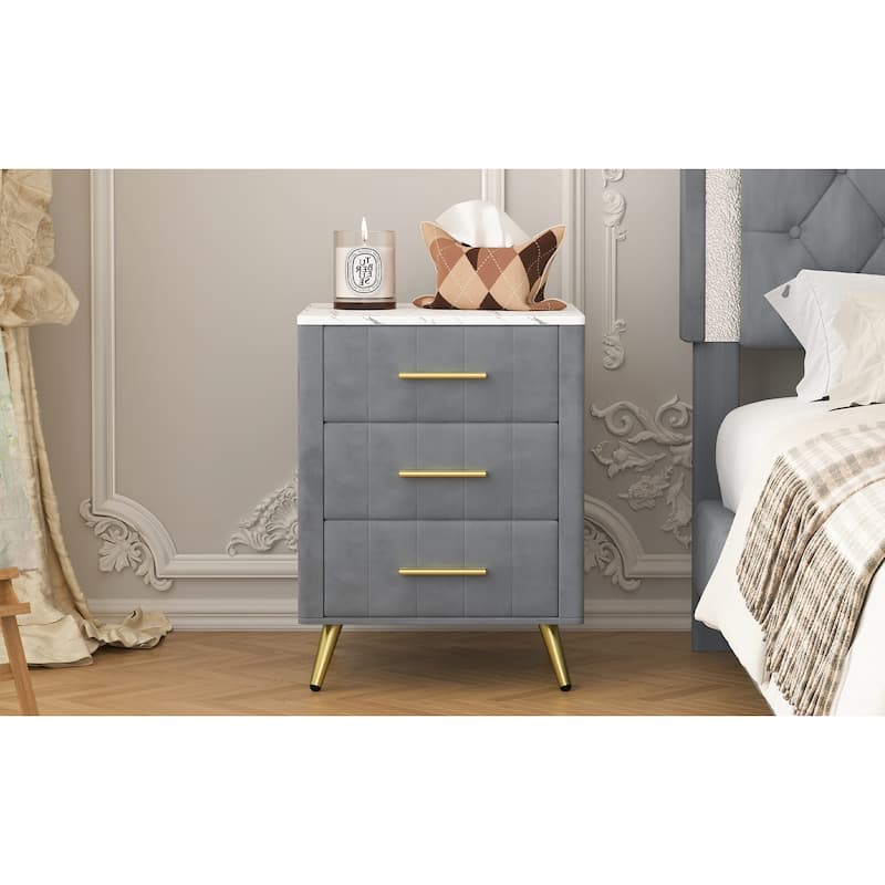 Velvet Upholstered Nightstand with 3 Drawers, Small Wooden Storage Cabinet, Side Table with Marble Top, Metal Legs & Handles