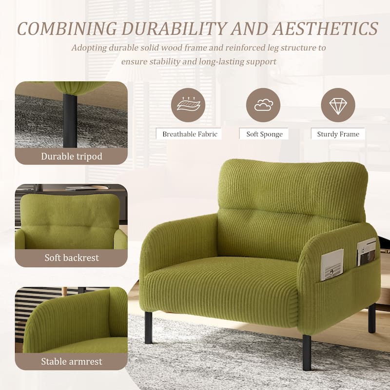 Corduroy Upholstered Single Sofa Chair, Lounge Reading Chair with Side Pockets, Armchair with Solid Wood Frame