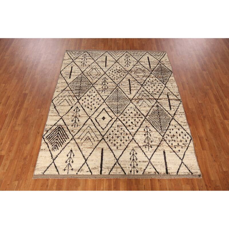 Geometric / Modern Moroccan Oriental Rug Handmade Beige Wool Carpet - 6'1" x 7'7"