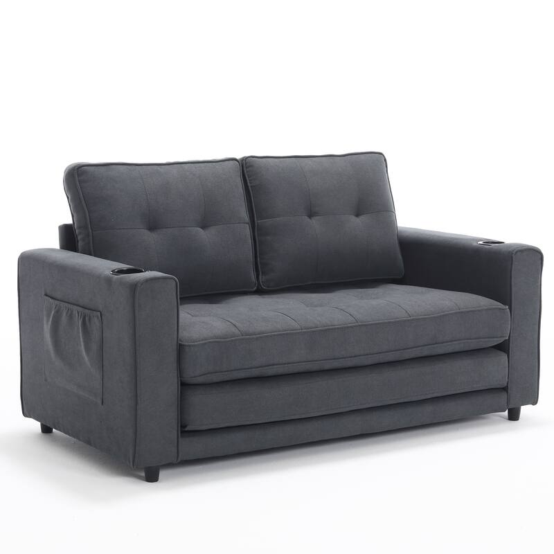 Upholstered Futon Sofa Convertible Sofa Bed Tufted Loveseat wFolding Mattress, Cup Holder & Pockets 2-seat Armchair