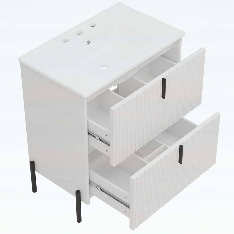30-Inch Freestanding Bathroom Vanity with Ceramic Sink,Soft Close Drawers,and Fluted Design in Dark Brown