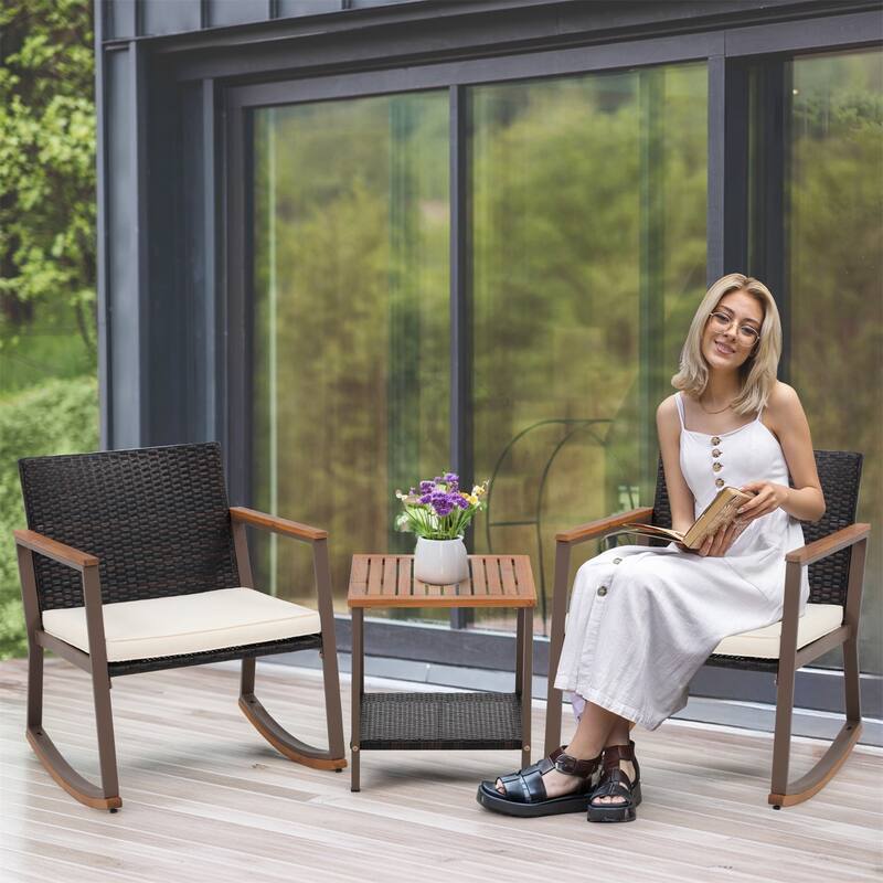 3 Pieces Rocking Wicker Bistro Set, Patio Outdoor Furniture Conversation Sets with Porch Chairs and Glass Coffee Table
