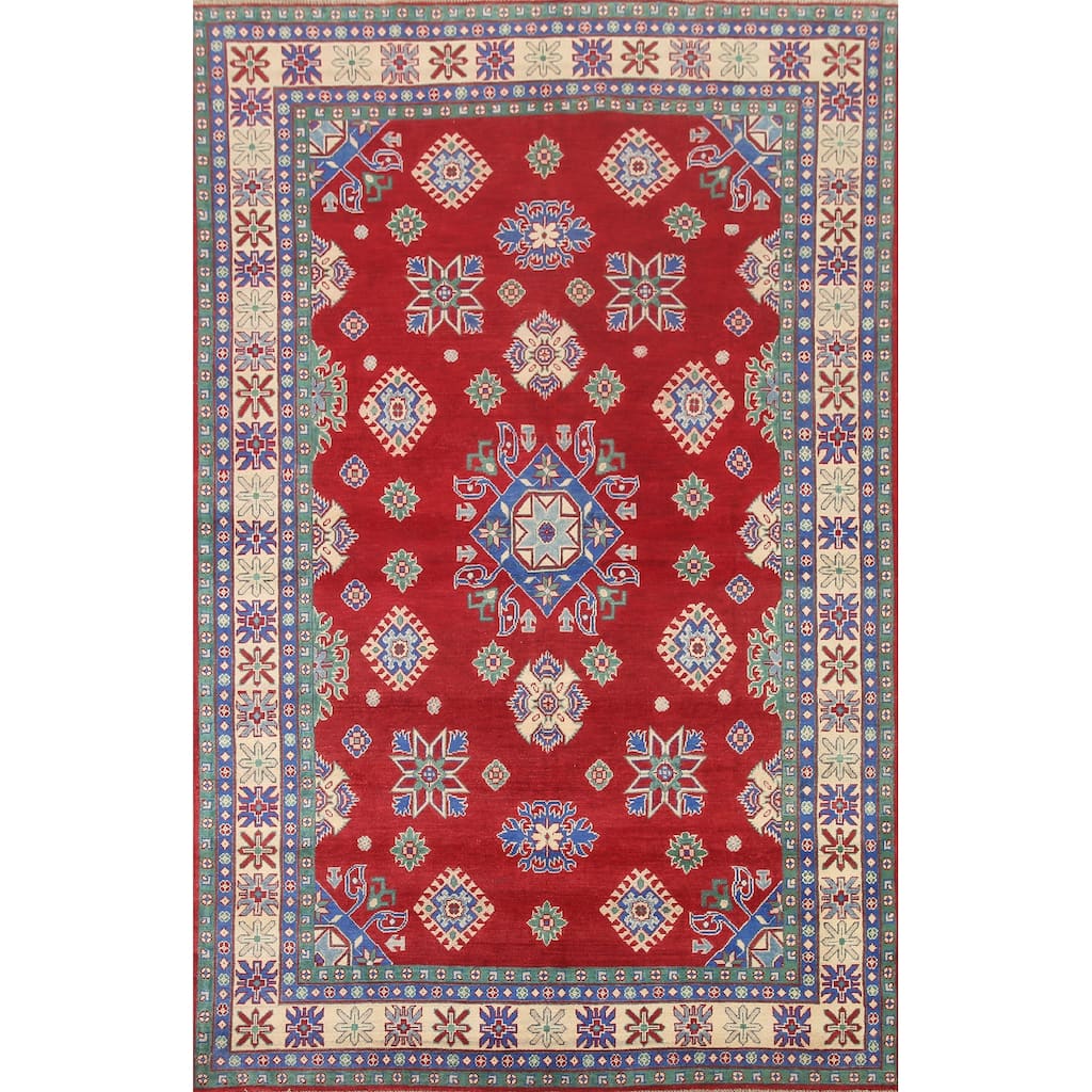 Hand Knotted Oriental 100% Wool Carpet Traditional Geometric Red Kazak Area Rug - 9' 7'' X 6' 7''