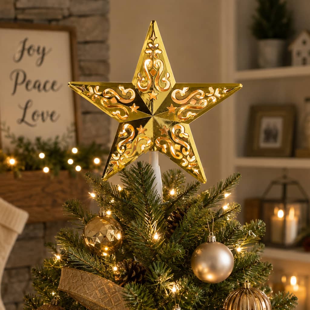 8.5" Gold and White Star Design Christmas Tree Topper - Clear Lights