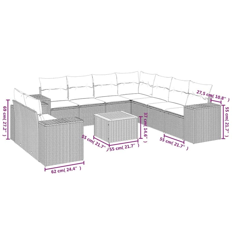 vidaXL Patio Sofa Set with Cushions Outdoor Furniture 10 Piece Poly Rattan - 21.7 x 21.7 x 14.6