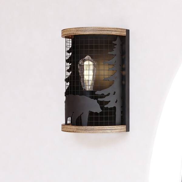 slide 2 of 13, Kodiak 1 Light Black Cage Rustic Wall Sconce Bear and Tree Motif - 8-in W x 12-in H x 5.25-in D Black and Burnished Teak - 8-in W x 12-in H x 5.25-in D