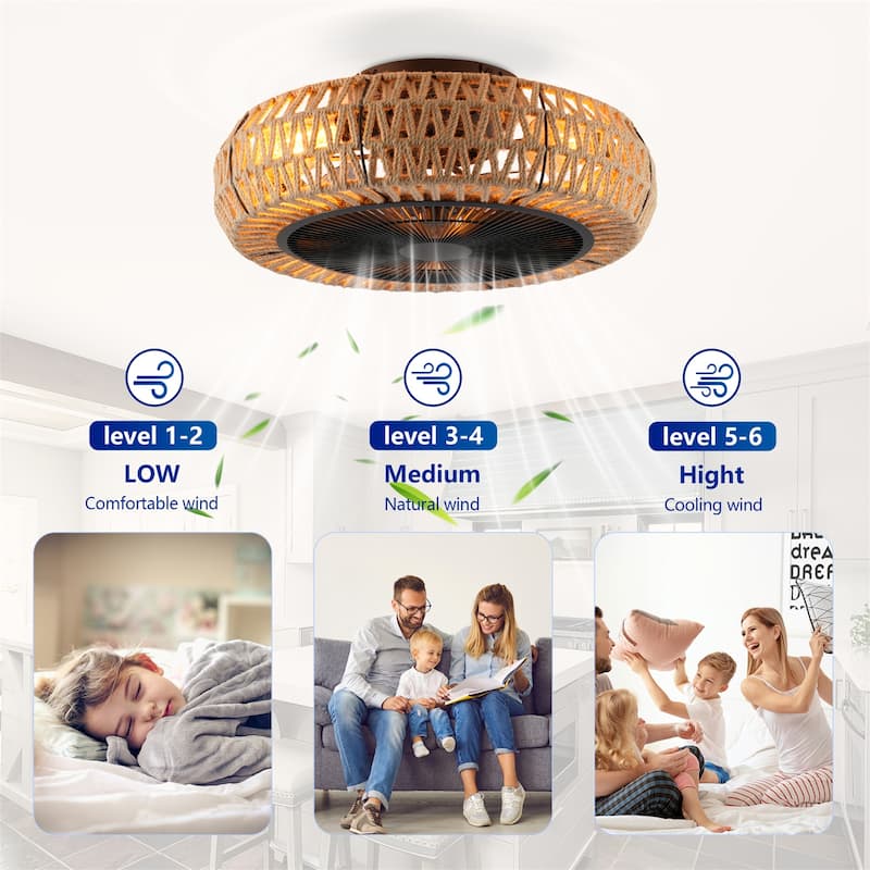 20" Vintage Rope Ceiling Fan Light w/ Remote Control 6 Speed Adjustable Airflow, NOT Included Bulbs