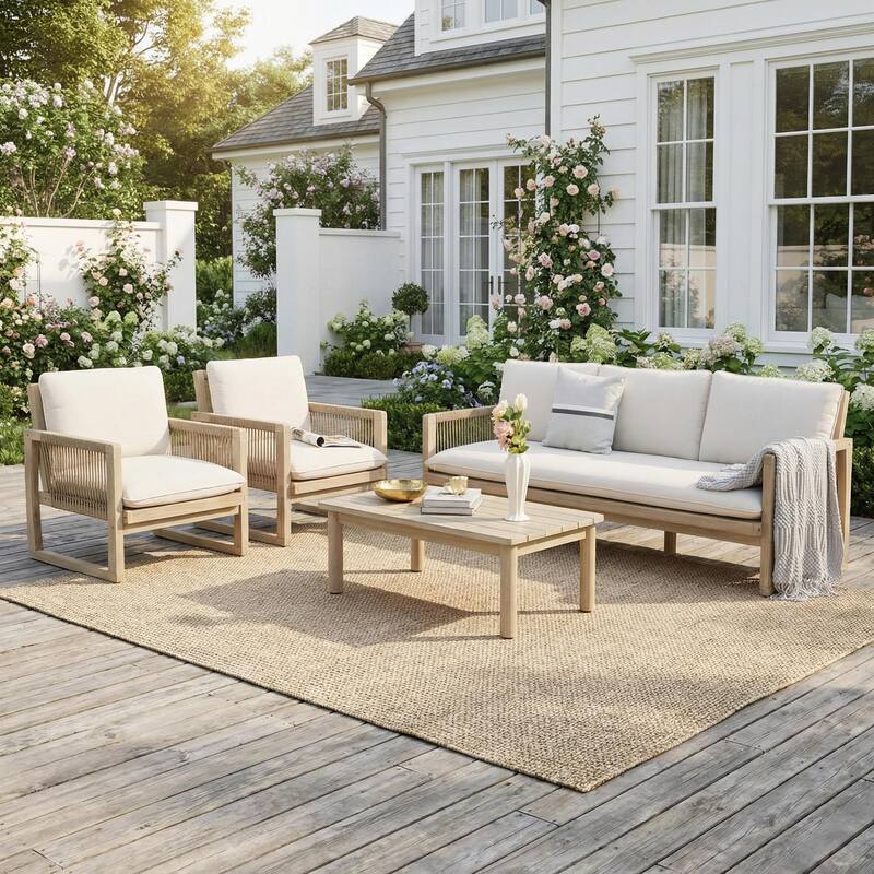Outdoor 4-Piece Conversation Set Acacia Wood Patio 3-Seater Sofa Set Rope Weave Arm Chair with Coffee Table Weather Resistant