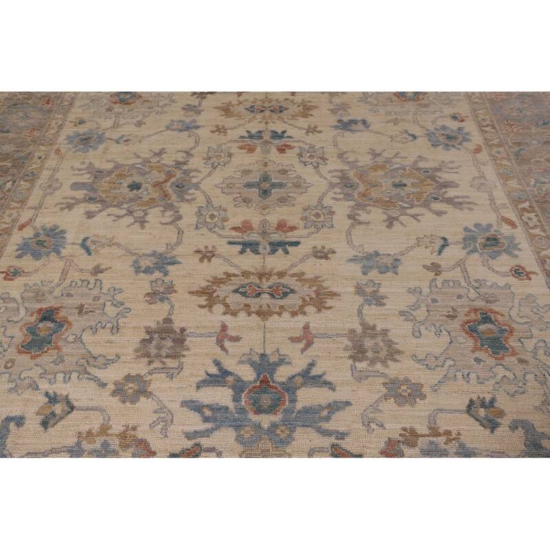 Beige Floral Oushak Vegetable Dye Area Rug Hand-Knotted Wool Carpet - 8'2" x 10'0"