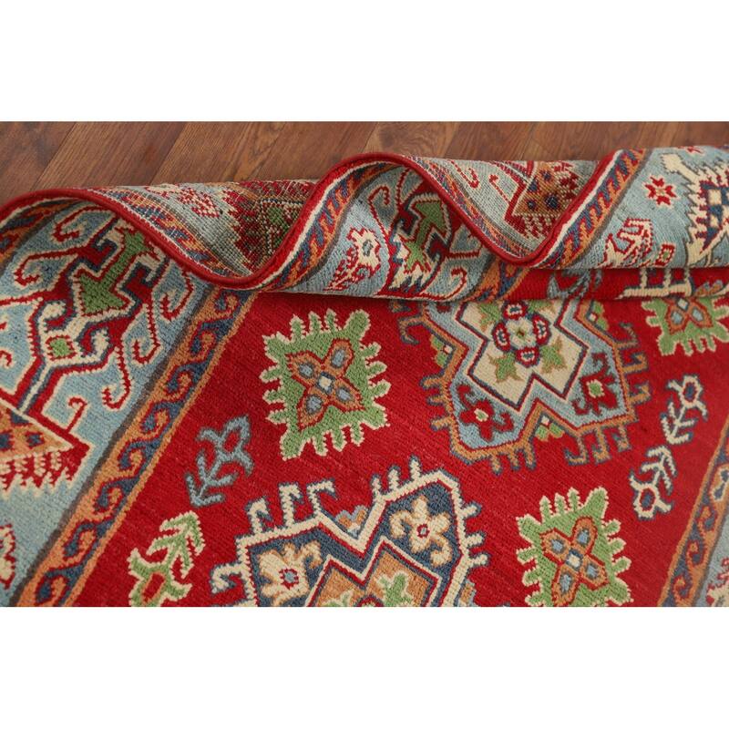 Geometric Red Kazak Accent Rug Hand-Knotted Wool Carpet - 3'2" x 4'11"