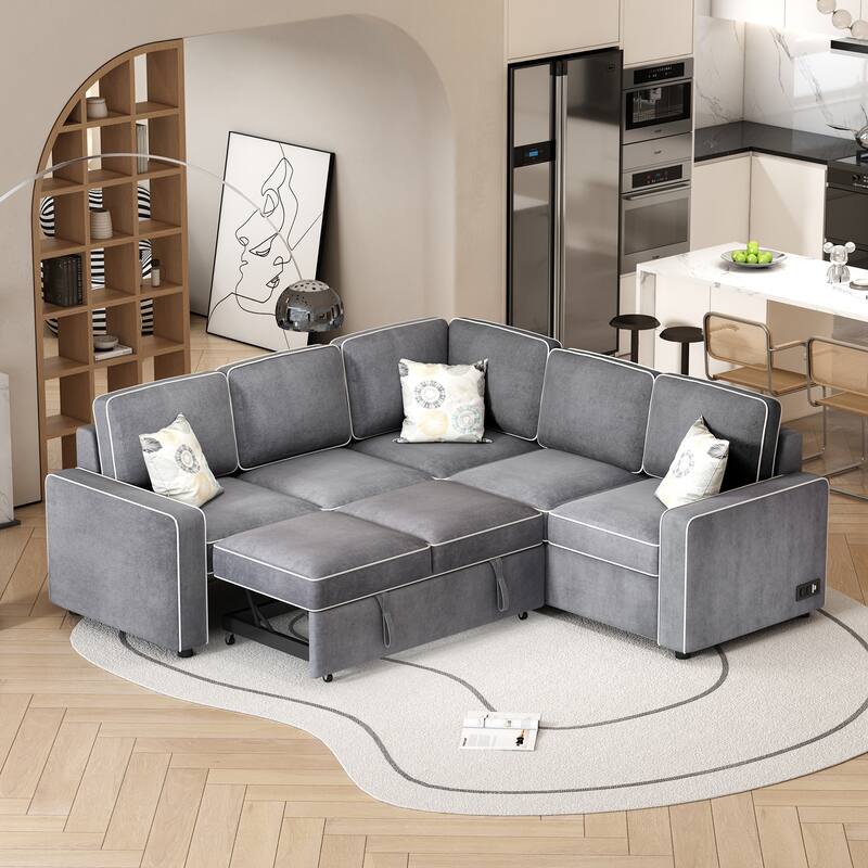 L-Shaped Pull Out Sofa Bed Modern Convertible Sleeper Sofa with 2 USB ports, 2 Power Sockets and 3 Pillows