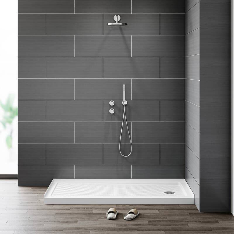 HOROW 60 x 30 Inch Alcove Shower Pan Base in High Gloss White with Wide Threshold Design - Right Drain Location - White