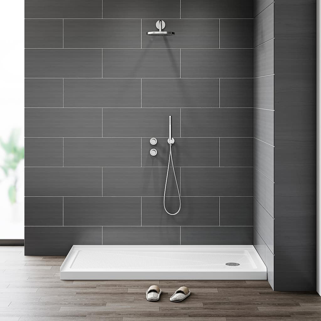 HOROW 60 x 30 Inch Alcove Shower Pan Base in High Gloss White with Wide Threshold Design - Right Drain Location