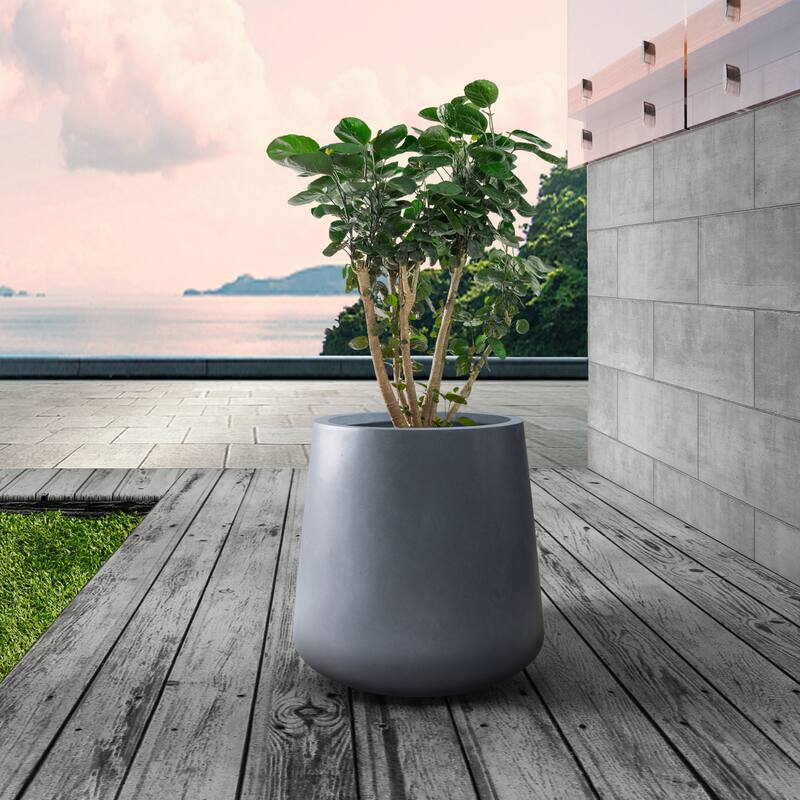 Kante Round Charcoal Finish Lightweight Concrete and Fiberglass Indoor Outdoor Weather Resistant Planter with Drainage Hole