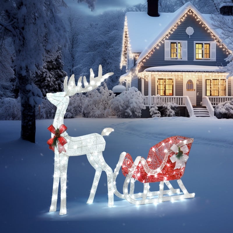 4ft Christmas Reindeer & Sleigh Outdoor Yard Decoration Set with LED Lights