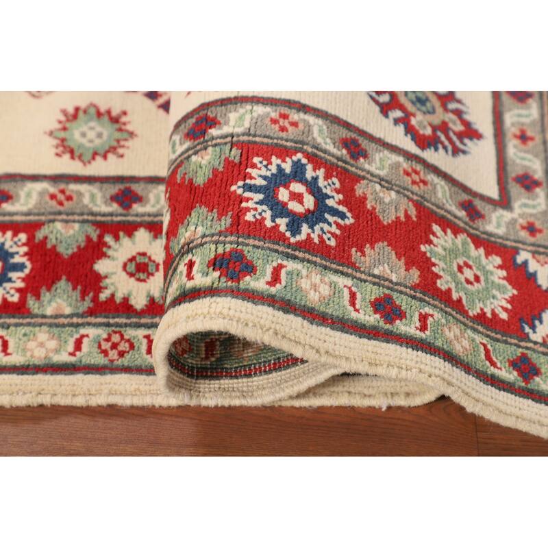 Ivory / Beige Geometric Kazak Oriental Accent Rug Handmade Wool Carpet - 3'6" x 5'1"