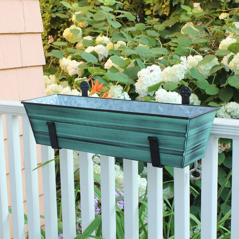 Achla Designs 22" W Rectangle Galvanized Steel Flower Box w/ Black Wrought Iron Clamp-On Brackets, Planter