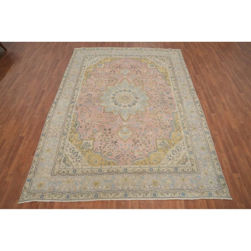 Hand Knotted Oriental 100% Wool Carpet Traditional Floral Pink Tabriz Area Rug - 10' 8'' X 7' 10''