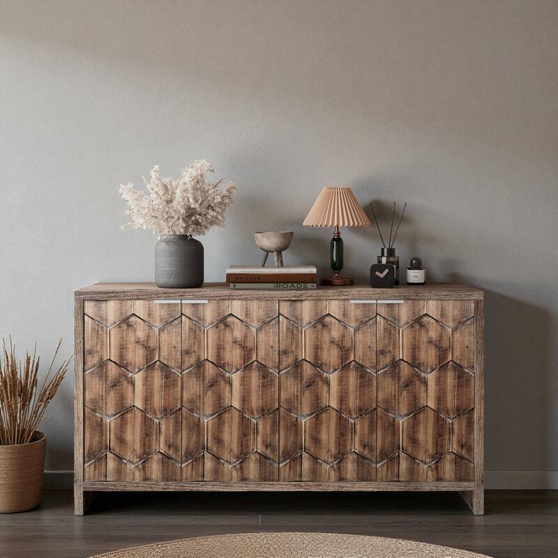 Farmhouse 4-Door Wooden Sideboard Buffet Cabinet with Adjustable Shelves, Brown Storage Cabinet for Dining Room