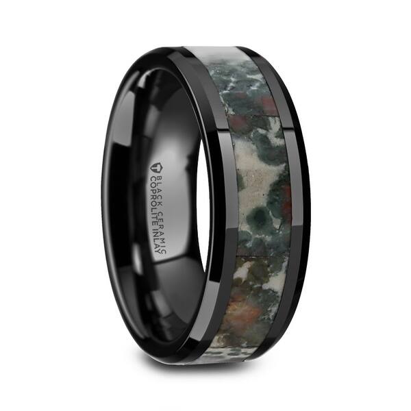 Protoceratops Black Ceramic Beveled Men S Wedding Band With Coprolite Fossil Inlay 8mm Overstock 18909619