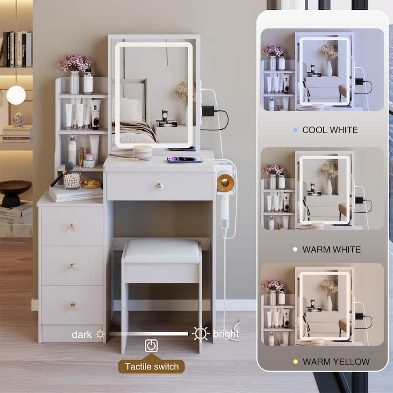 29.2" Compact Left Bedside Vanity Set with Cushioned Stool