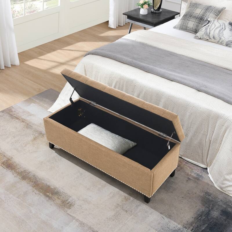 47.5" Storage Ottoman, Storage Bench with Safety Close Hinge, Linen Button-Tufted Ottoman for Living Room, Support 500lbs