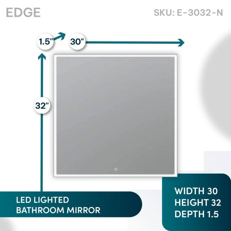 AQUADOM Edge 30" Led Lighted Mirror for Bathroom with Defogger, Touch Control. - 30"x32"x1.5"