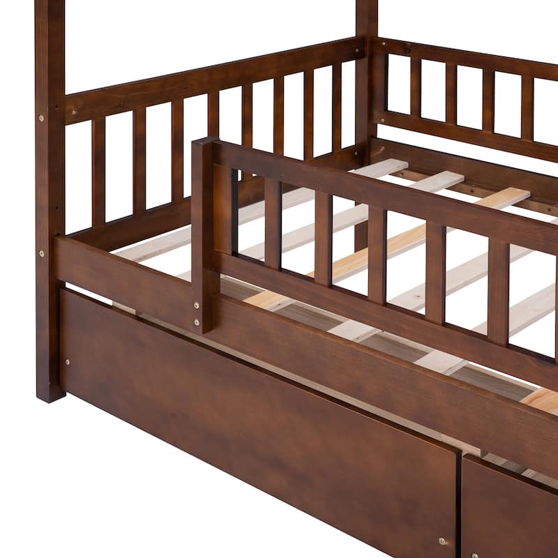 Twin Size Wooden House Bed with Two Drawers and Fence